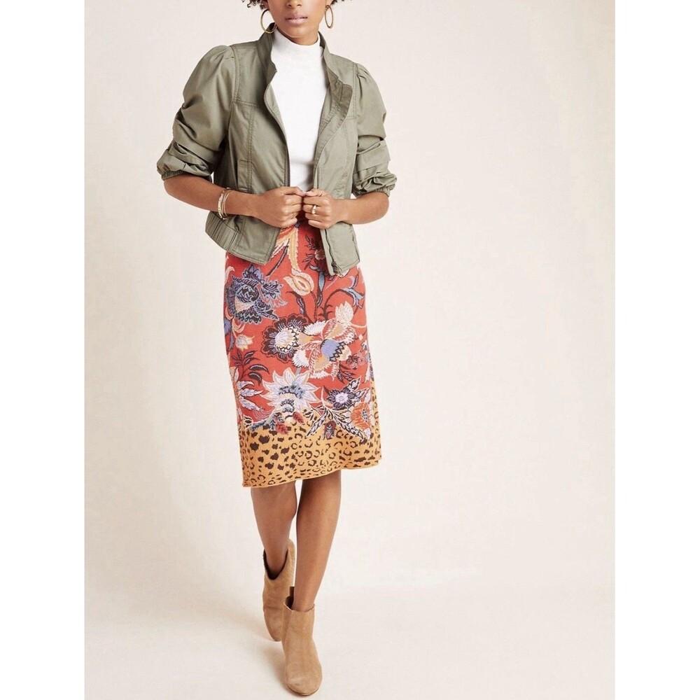 Anthropologie Maeve Women's Delphinia Skirt XS Floral Leopard Pencil Knit Red - Picture 9 of 9